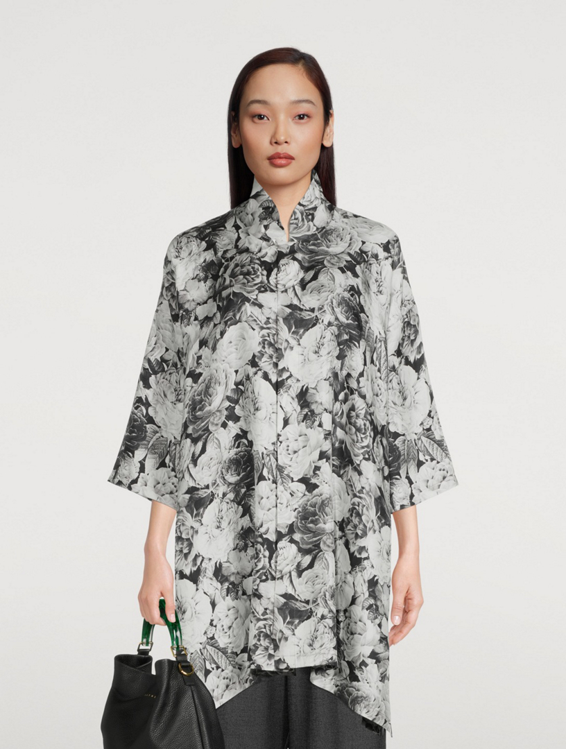 Silk Long A-Line Shirt Rose Print