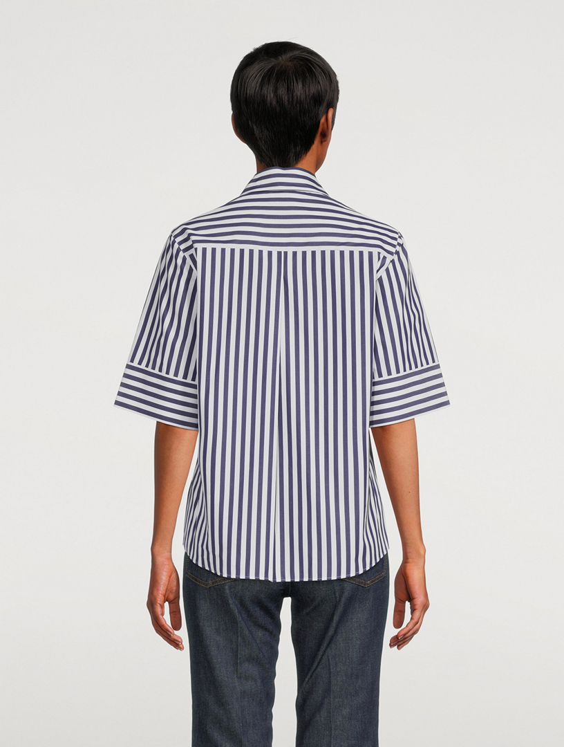 Zip-Front Cotton Shirt Stripe Print