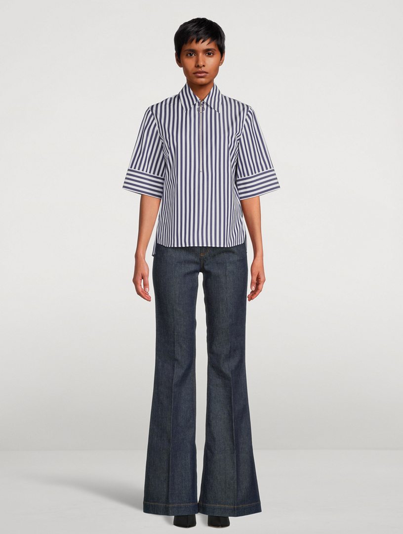 Zip-Front Cotton Shirt Stripe Print