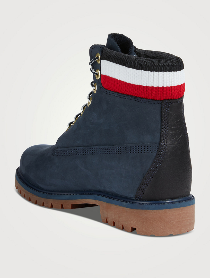 Navy blue shop and red timberlands