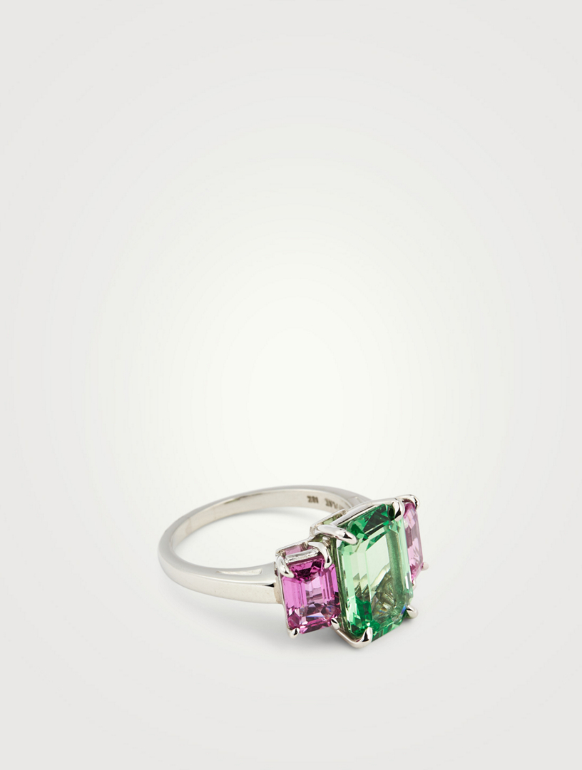 Emerald Cut Tsavorite And Pink Sapphire Ring