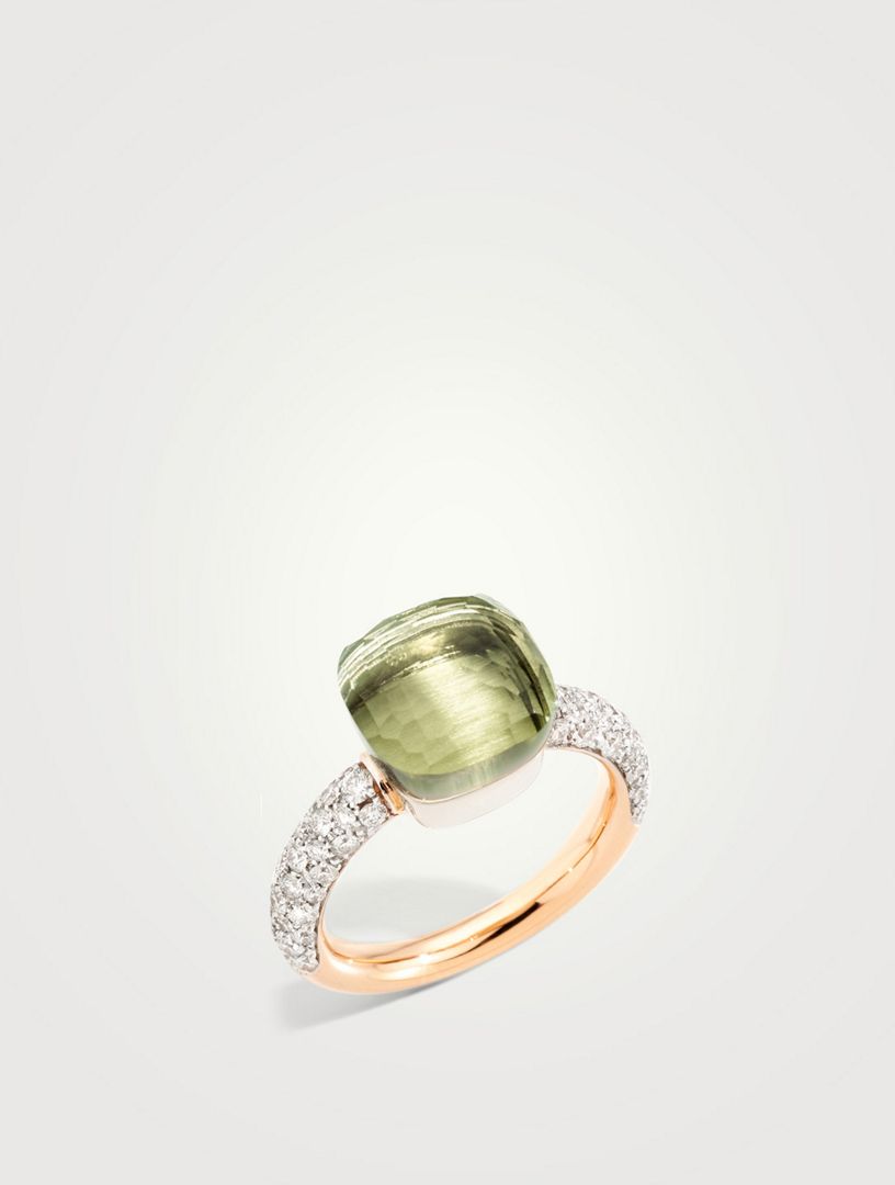 Classic Nudo 18K White And Rose Gold Ring With Prasiolite Diamonds