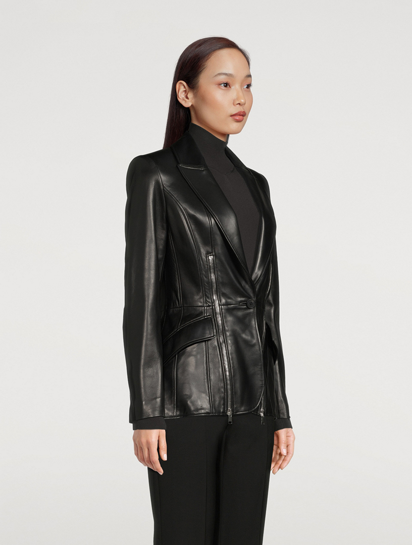 Leather Blazer With Zipper Trim