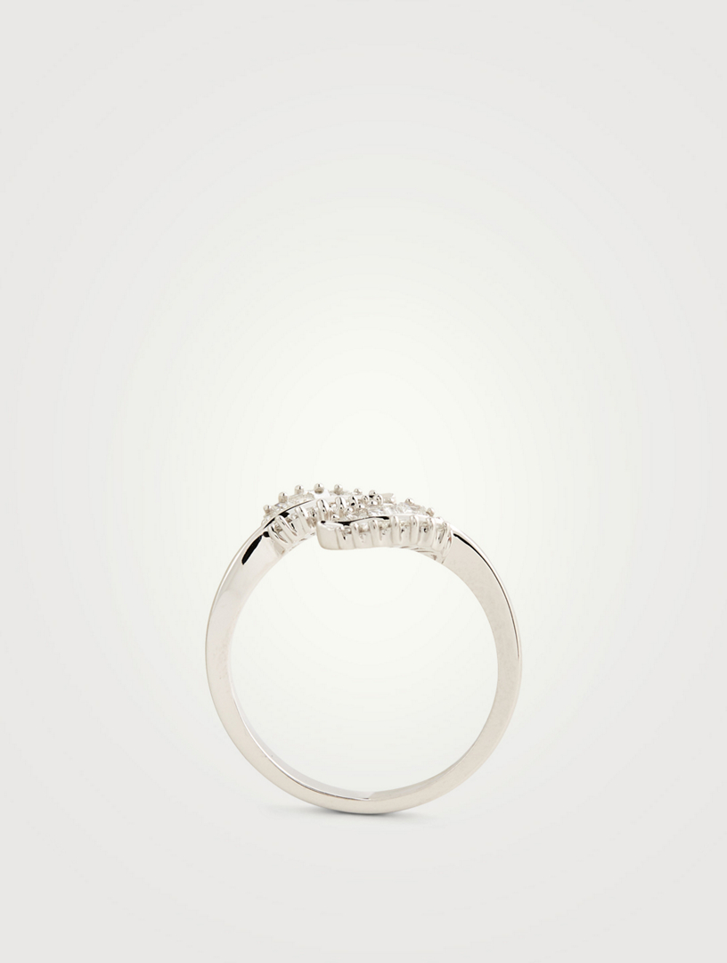 18K White Gold Small Palm Leaf Ring With Diamonds