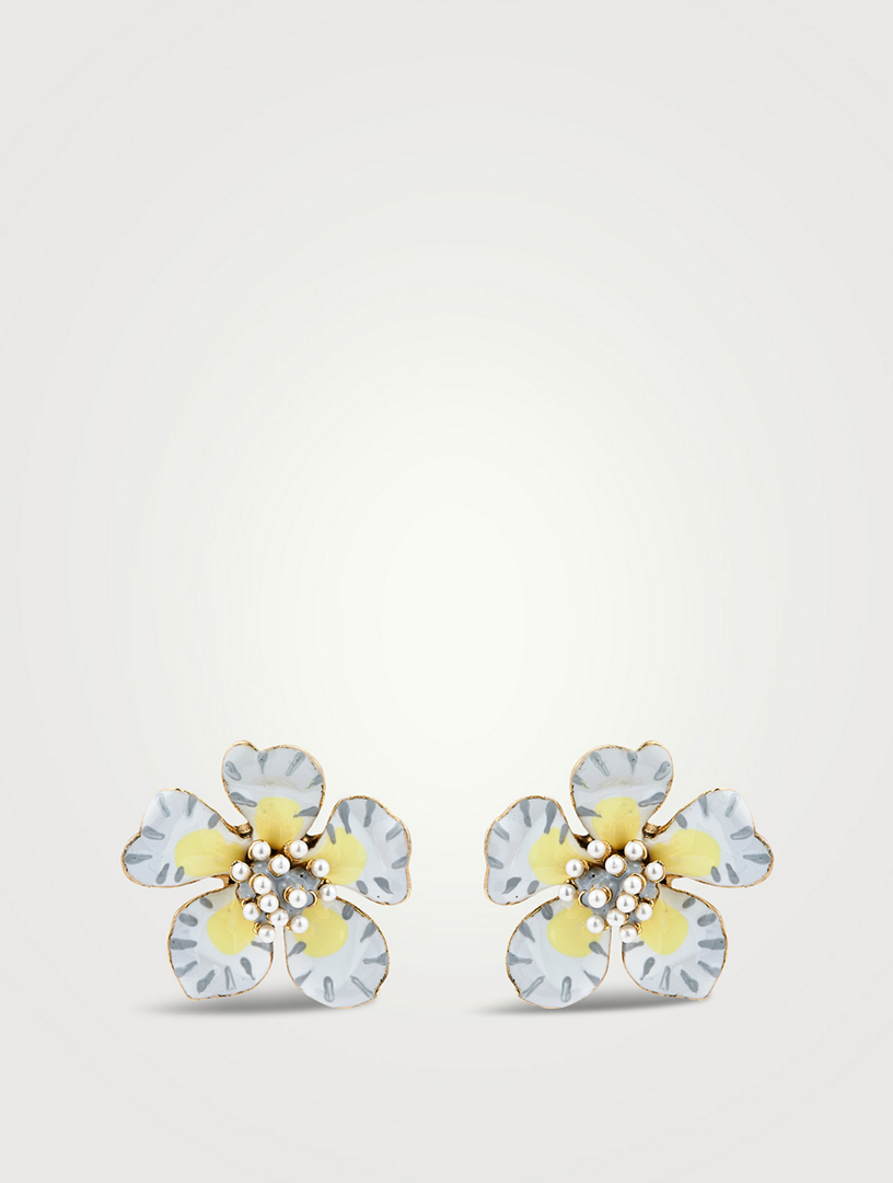 Enamel Flower Earrings With Crystal Pearls