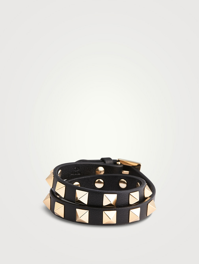 Valentino Rockstud Double-Strap Leather Bracelet Black