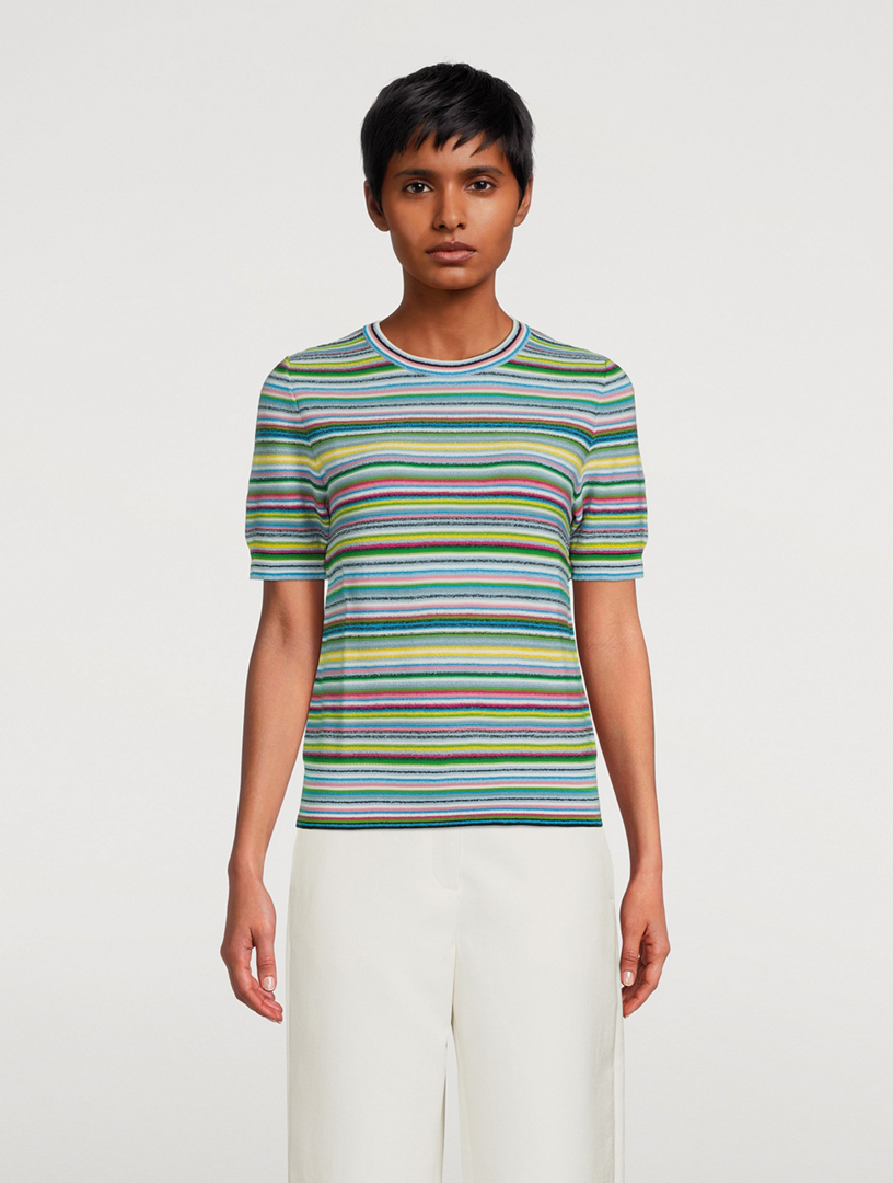 Short-Sleeve Bouclé Sweater Stripe Print