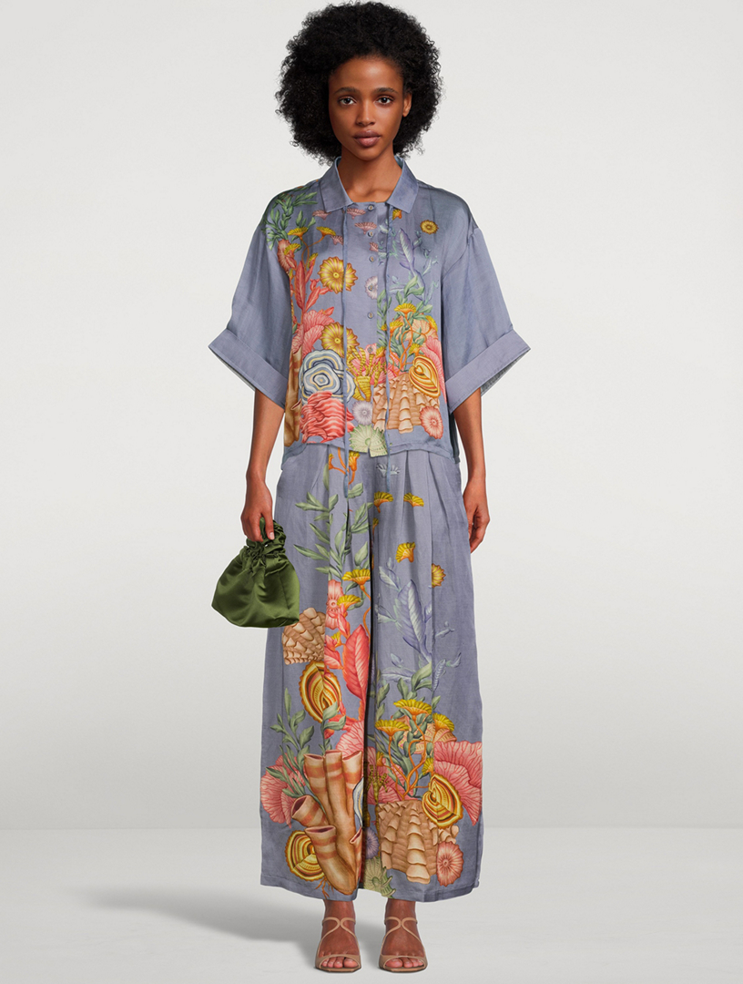 Linen-Blend Palazzo Pants Shell Print