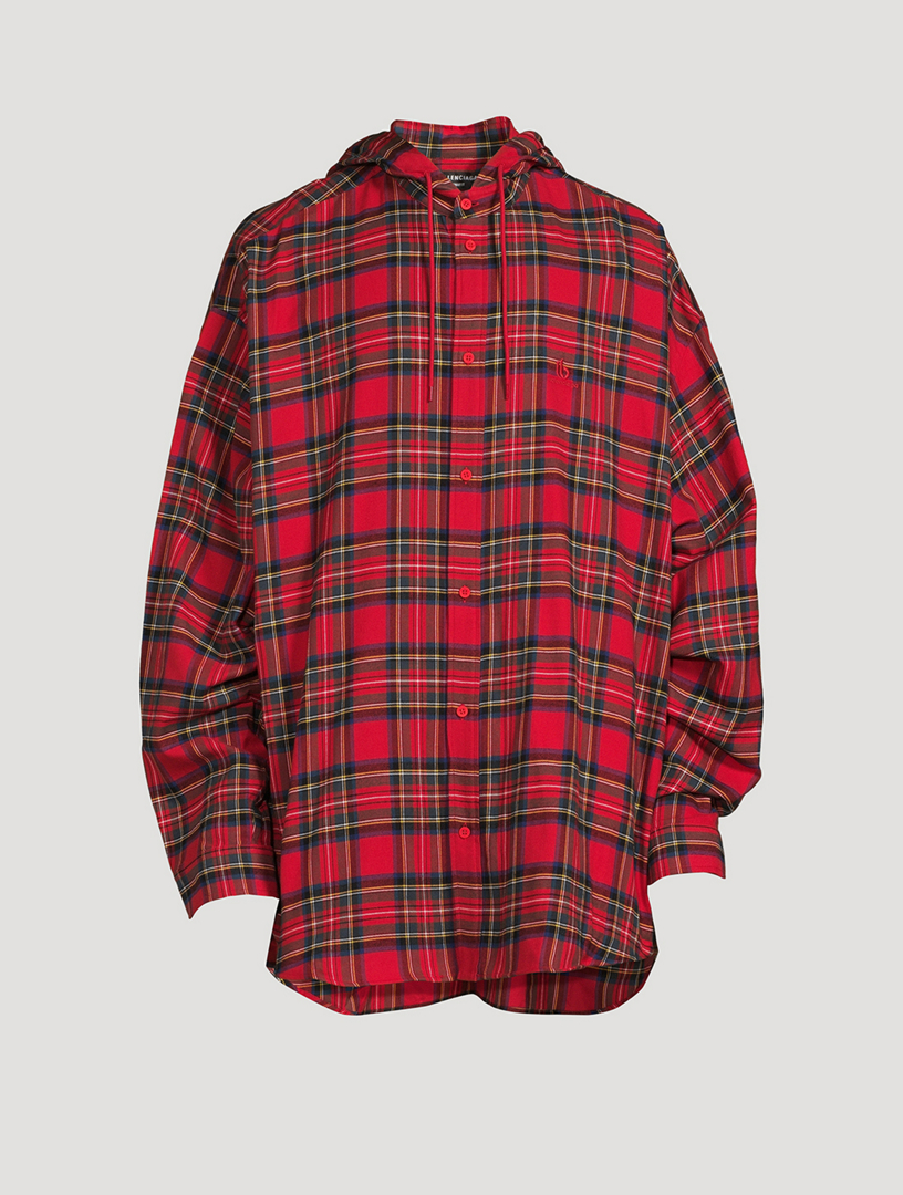 Cotton Hooded Shirt In Plaid Print