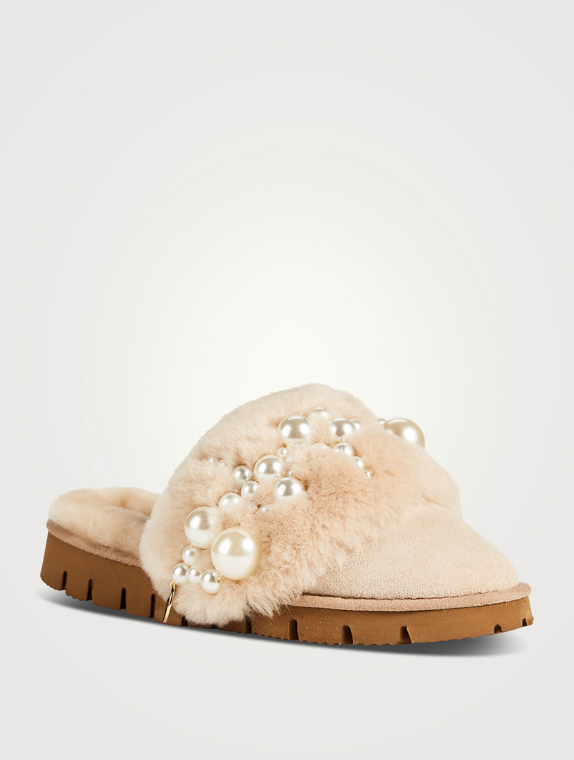 Pinctada Shearling Slippers With Faux Pearls