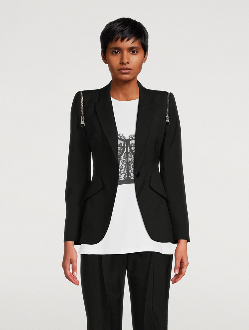 Peak Shoulder Wool Blazer With Zipper Trim