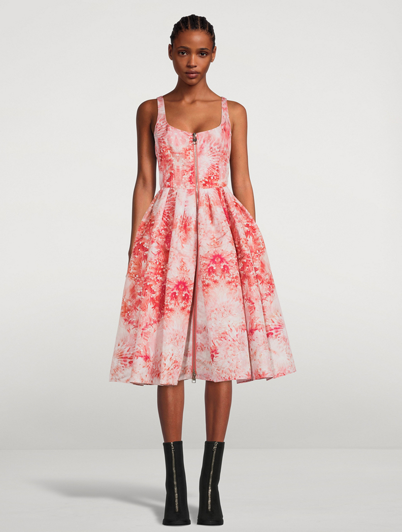 Zip-Front Polyfaille Midi Dress Sea Coral Print