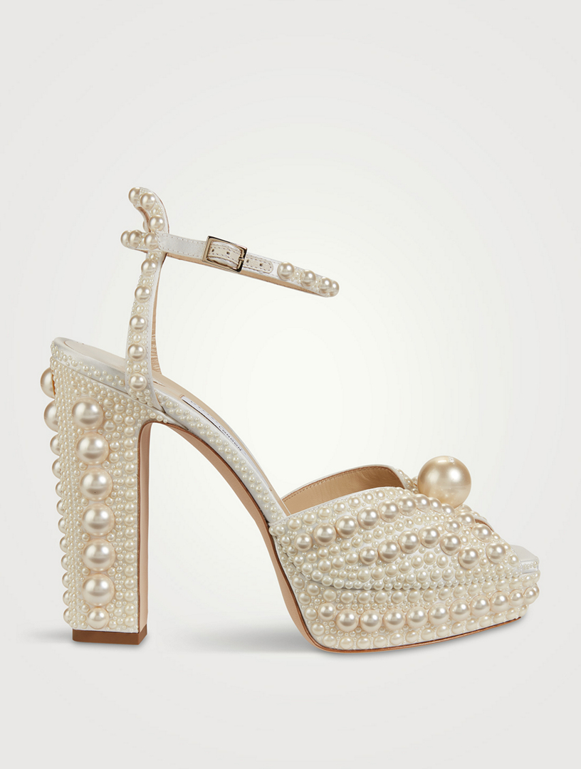 JIMMY CHOO Sacaria Pearl-Embellished Satin Platform Sandals