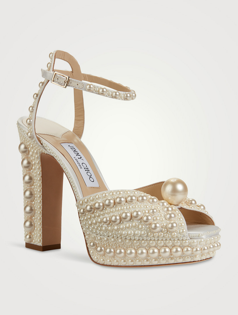 JIMMY CHOO Sacaria Pearl-Embellished Satin Platform Sandals