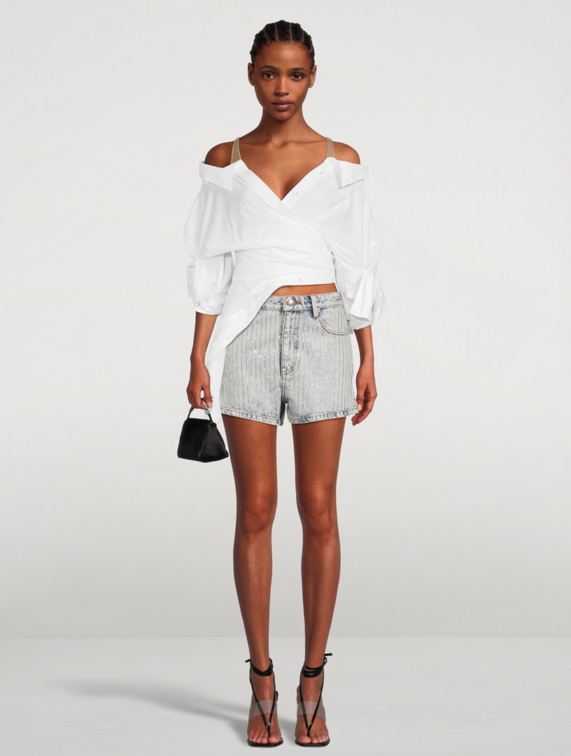 ALEXANDERWANG.T Bite Denim Shorts With Crystal Pinstripes  Blue