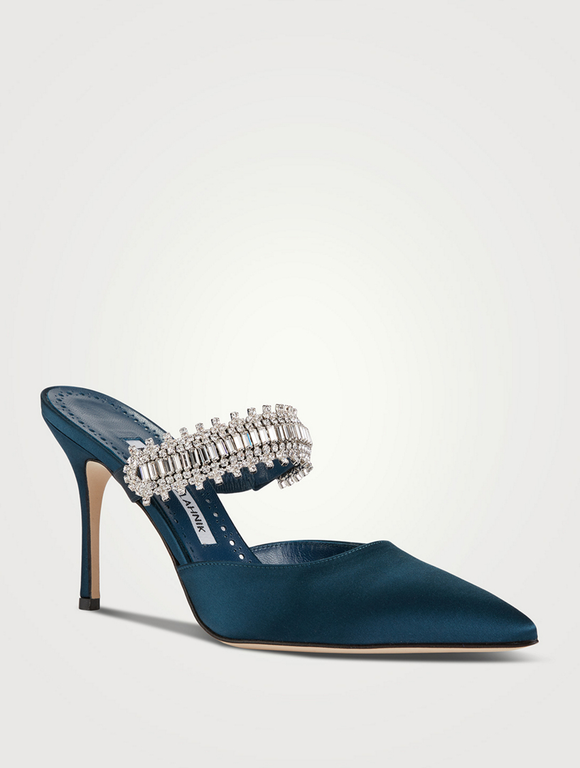 MANOLO BLAHNIK Lutara 90 Satin Mules With Crystal Strap