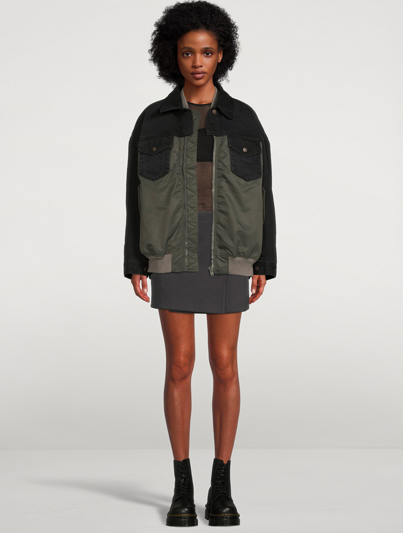 Hybrid Nylon And Denim Bomber Jacket
