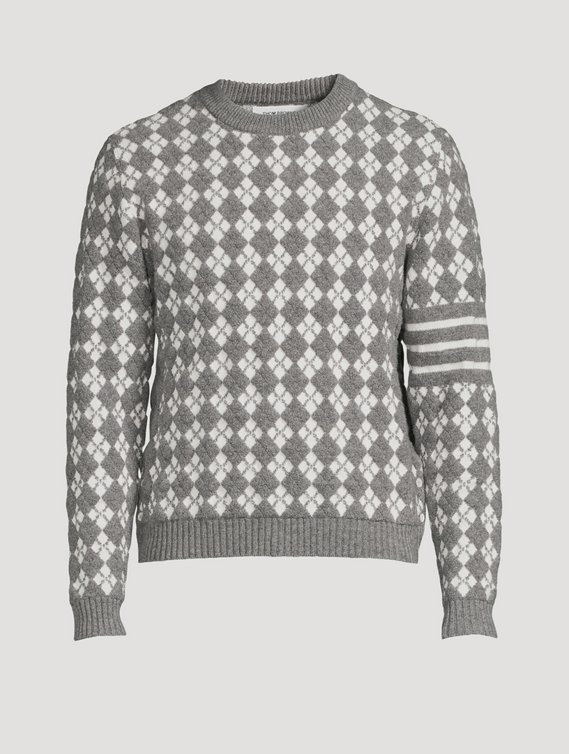 Light Grey Terry Stitch Argyle Jacquard 4-Bar Crew Neck Pullover