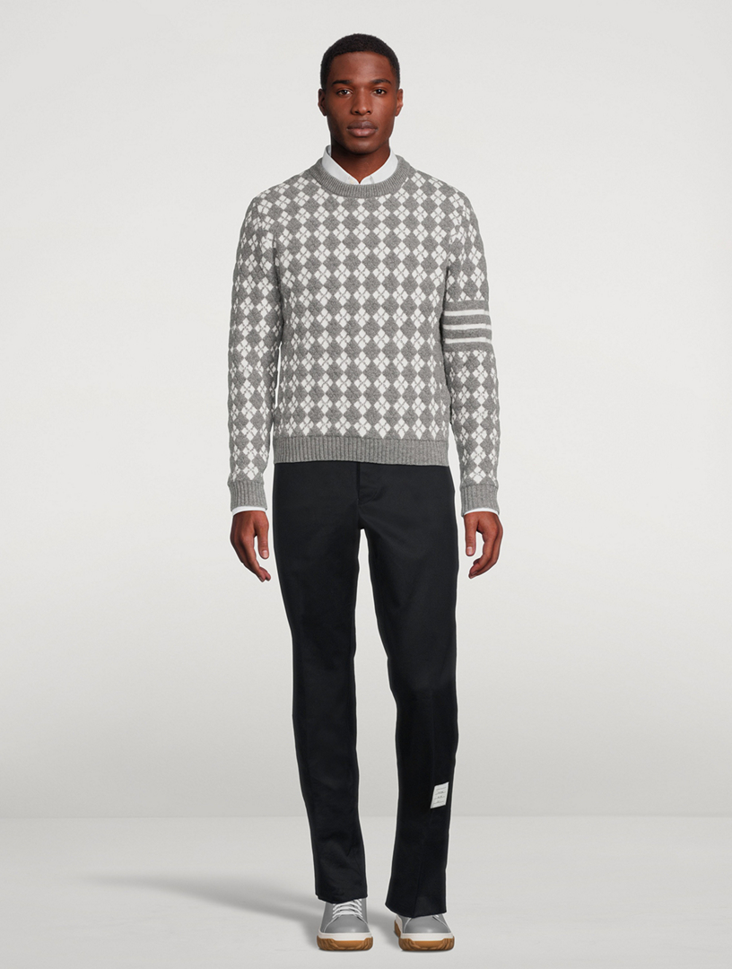 Light Grey Terry Stitch Argyle Jacquard 4-Bar Crew Neck Pullover