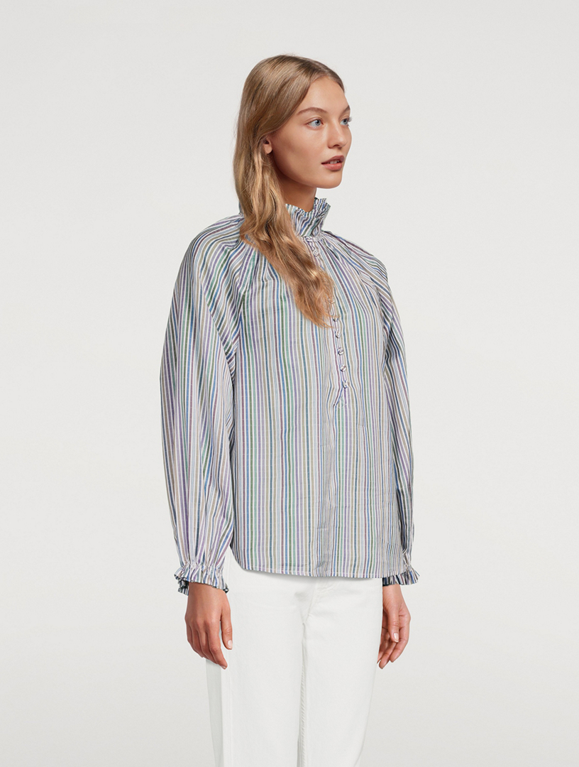 Aurelia Cotton Silk Dobby Ruffle Collar Shirt In Striped Print