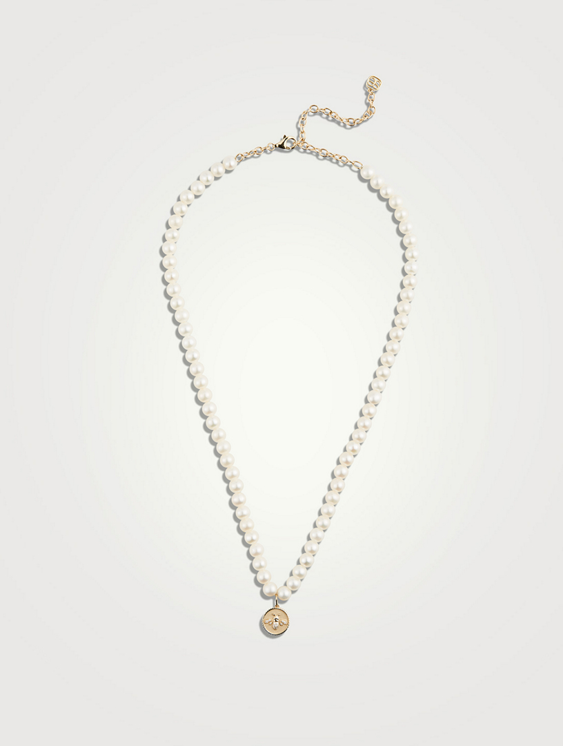 Pearl Necklace With Tiny 14K Gold Diamond Bee Charm