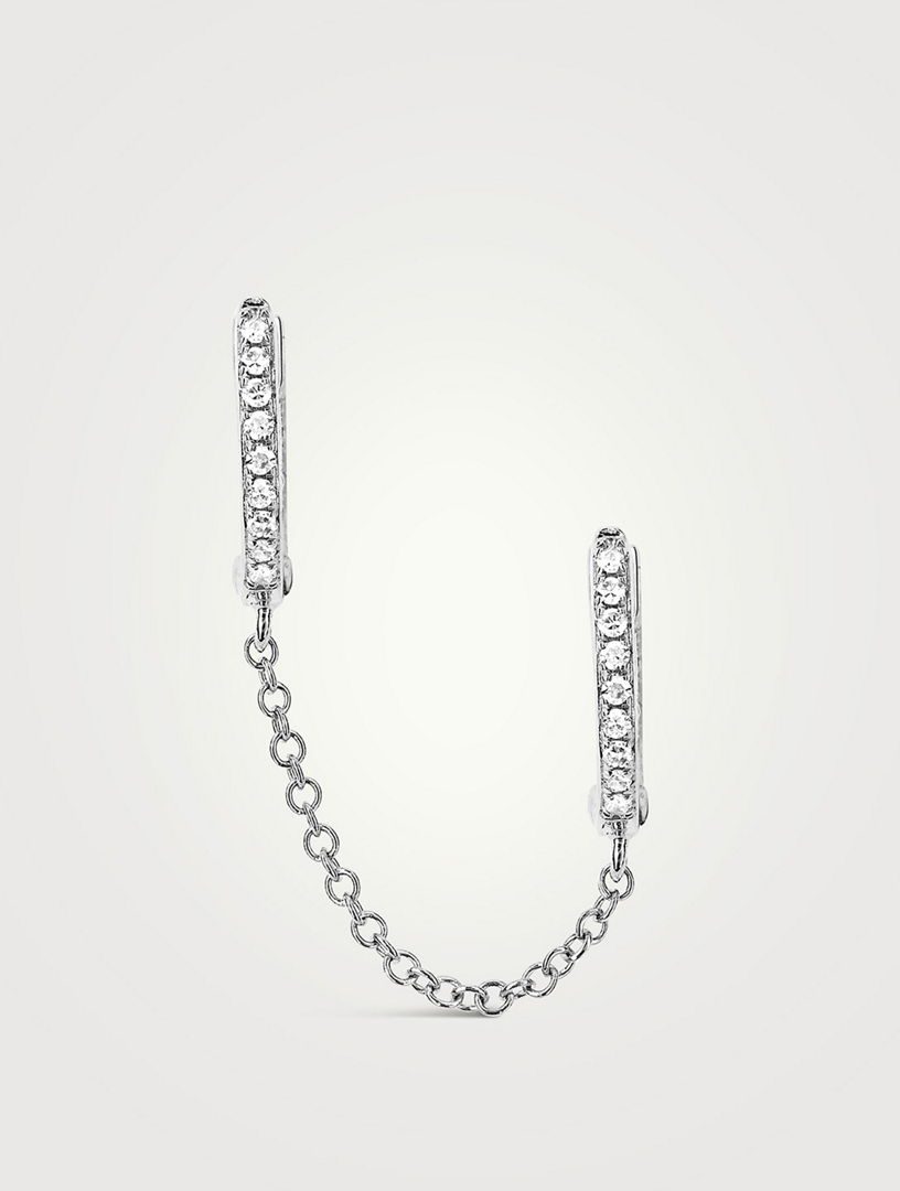 14K Gold Double Huggie Hoop Chain Earring With Diamonds