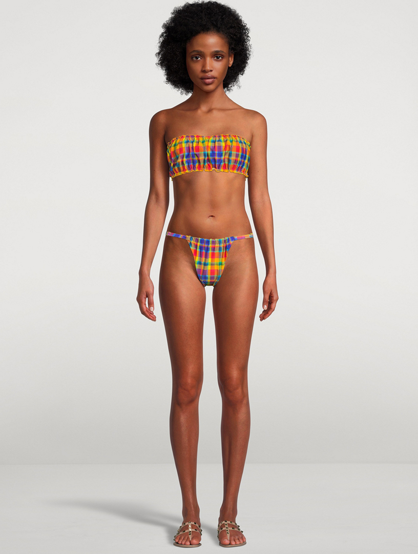 Scrunchie Bandeau Bikini Top Plaid Print