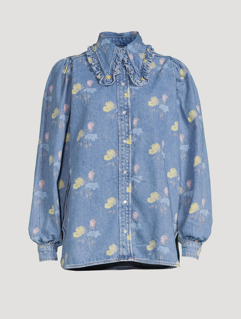 GANNI Puff-Sleeve Denim Shirt In Floral Print | Holt Renfrew