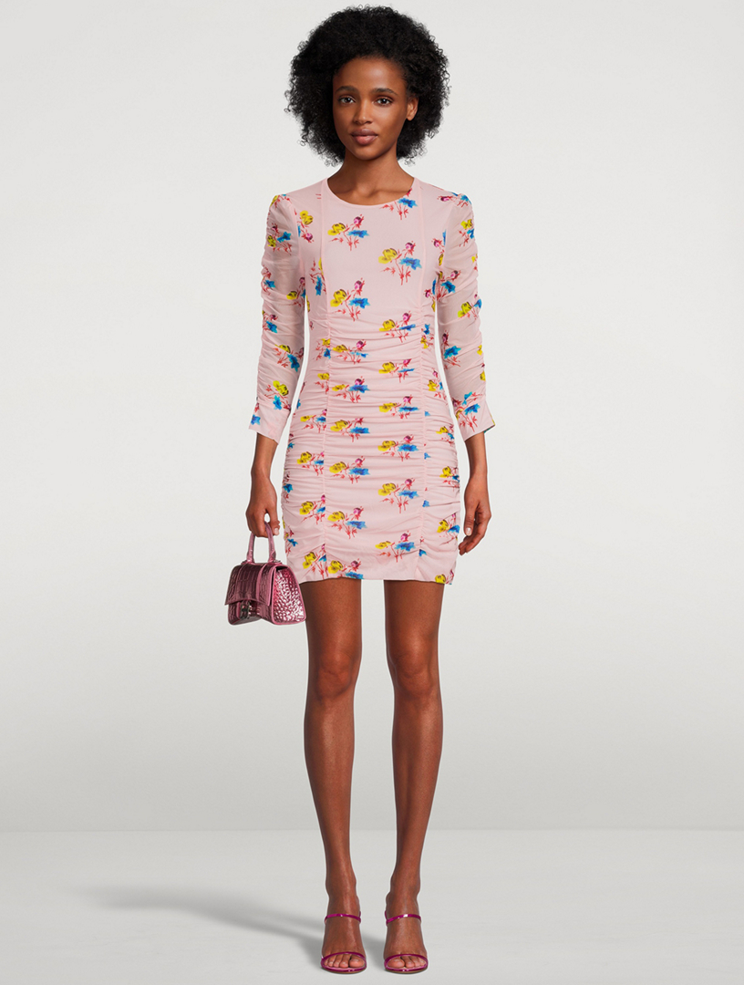 Ruched Mesh Mini Dress Floral Print