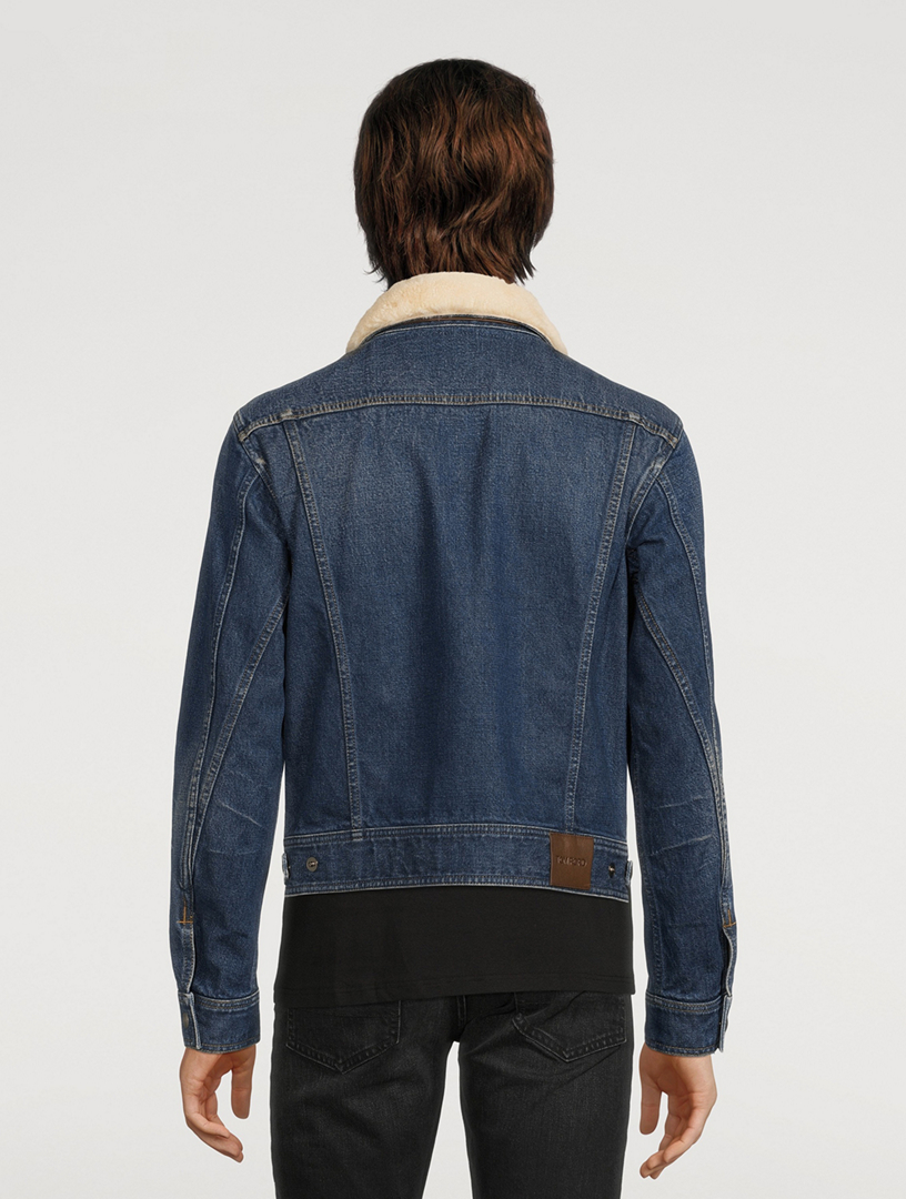 Denim Zip Blouson Jacket With Shearling Collar