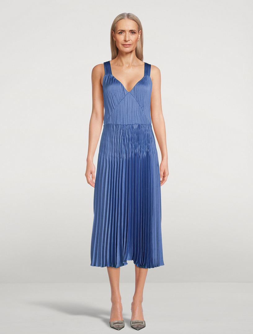 VINCE Pleated V-Neck Midi Dress