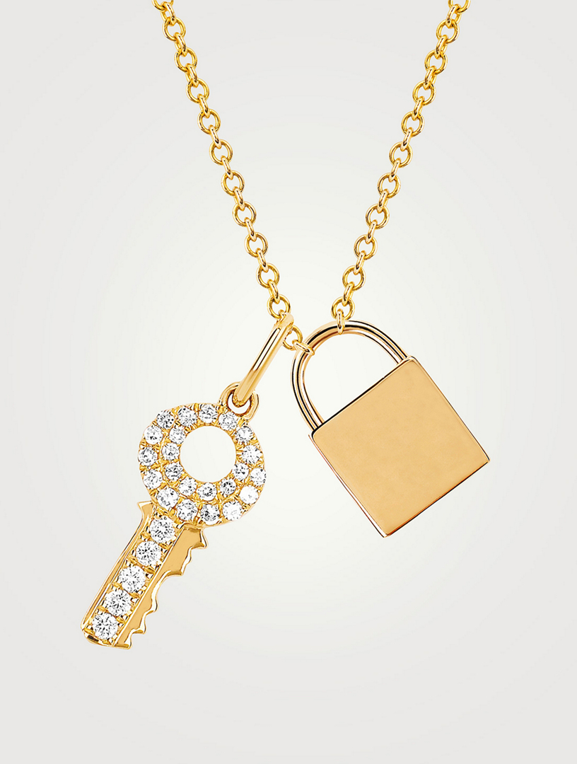 14K Gold Lock And Key Necklace With Diamonds