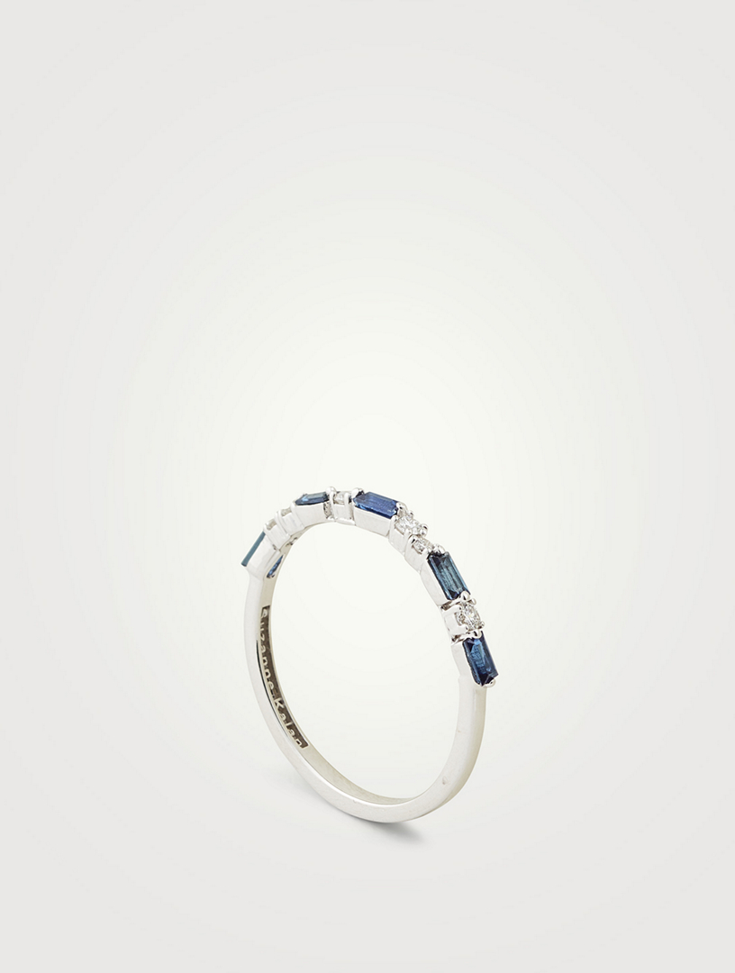 Fireworks 18K White Gold Thin Mix Half Band Ring With Dark Blue Sapphires And Diamonds