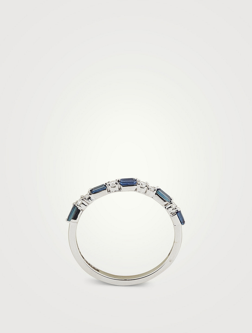 Fireworks 18K White Gold Thin Mix Half Band Ring With Dark Blue Sapphires And Diamonds