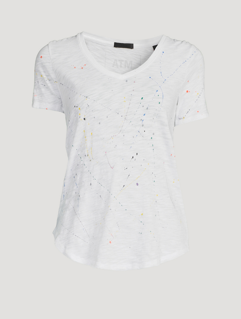 Slub Jersey V-Neck T-Shirt In Paint Splatter Print