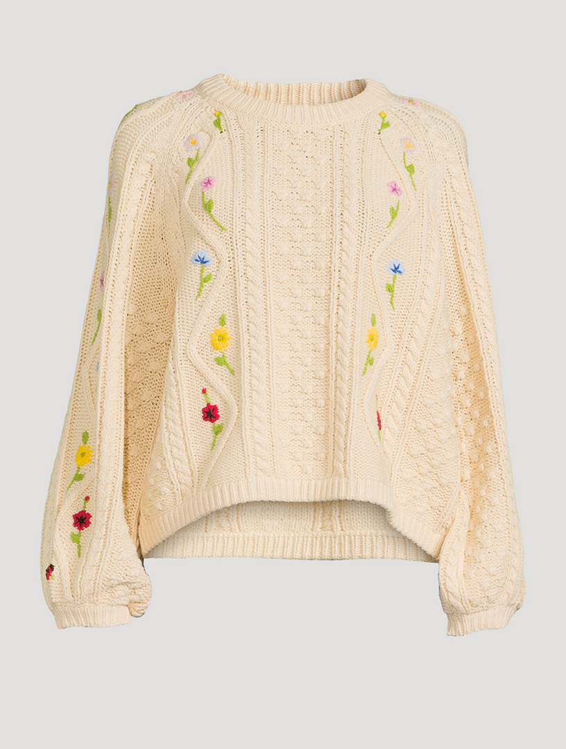  Other Stories Floral Embroidery Cable Knit Alpaca Cardigan in White