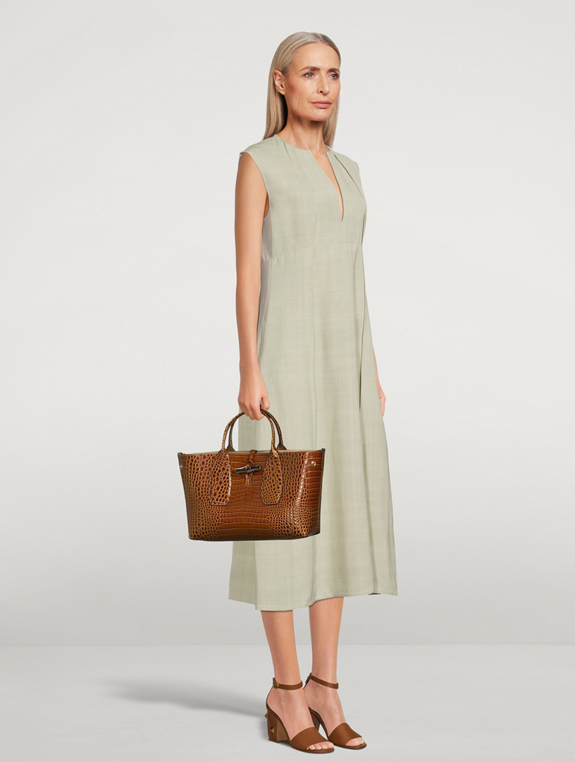 Medium Roseau Croc-Embossed Leather Top Handle Bag