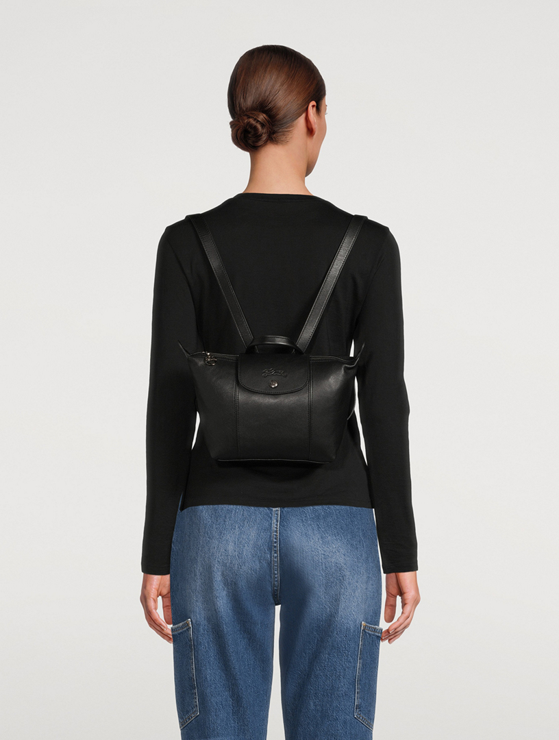 LongChamp Women's Le Pliage Cuir Black Leather Backpack 