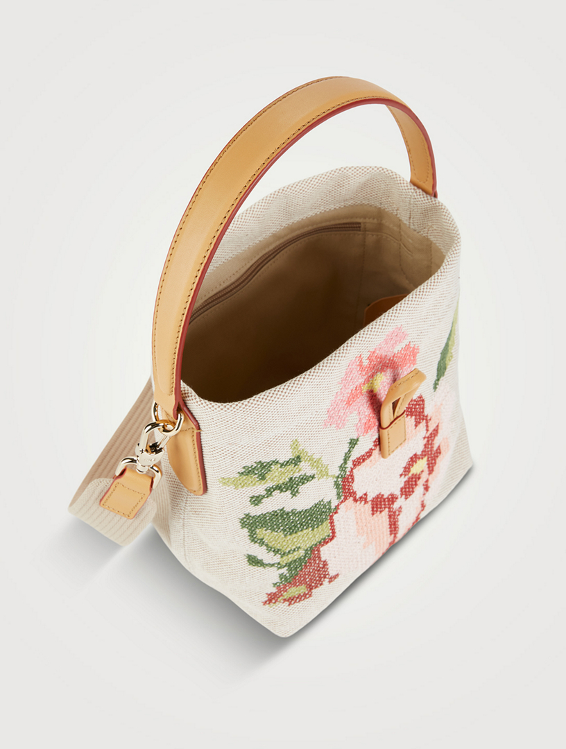 Longchamp Roseau Essential Fleurs Embroidered Mini Canvas Bucket