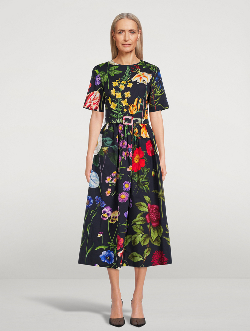 Belted Poplin Midi Dress Floral Print