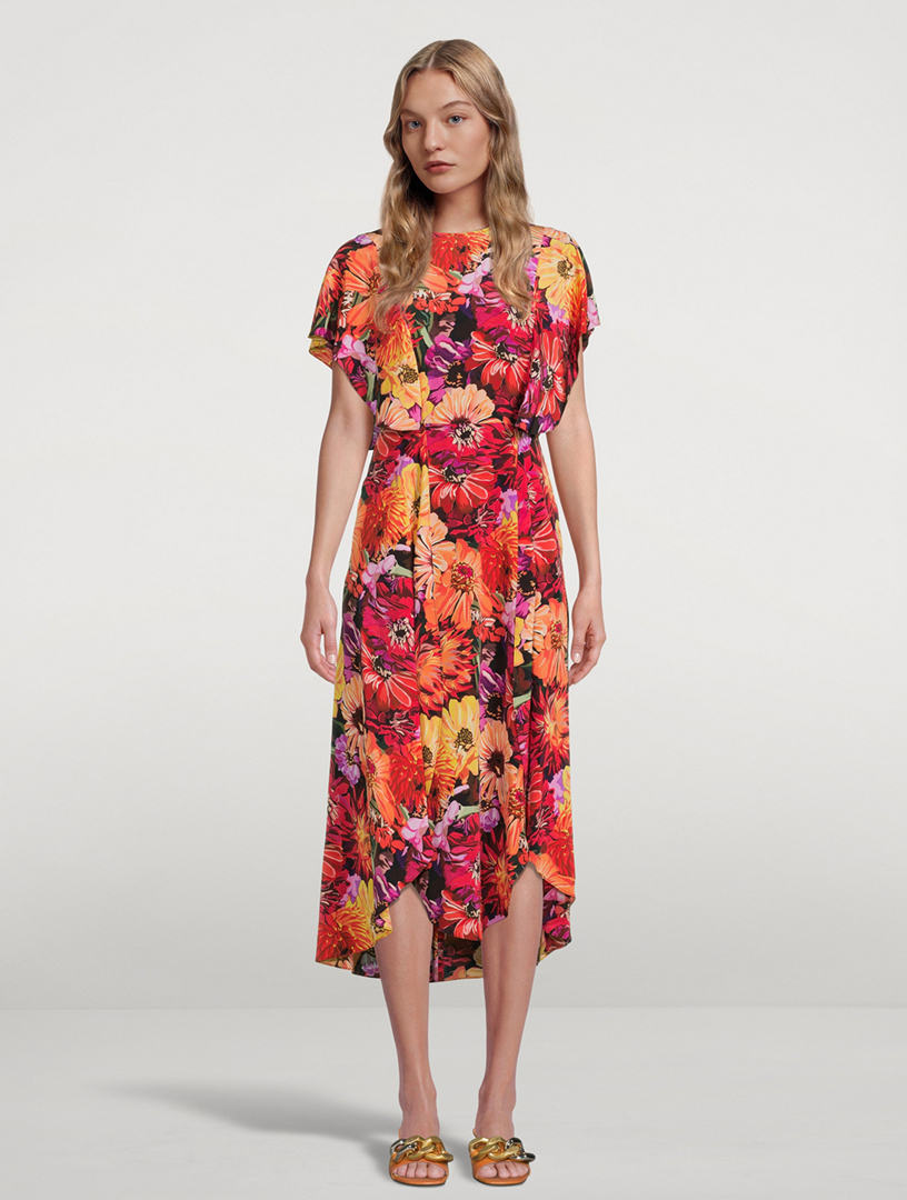 Silk Midi Dress Floral Print