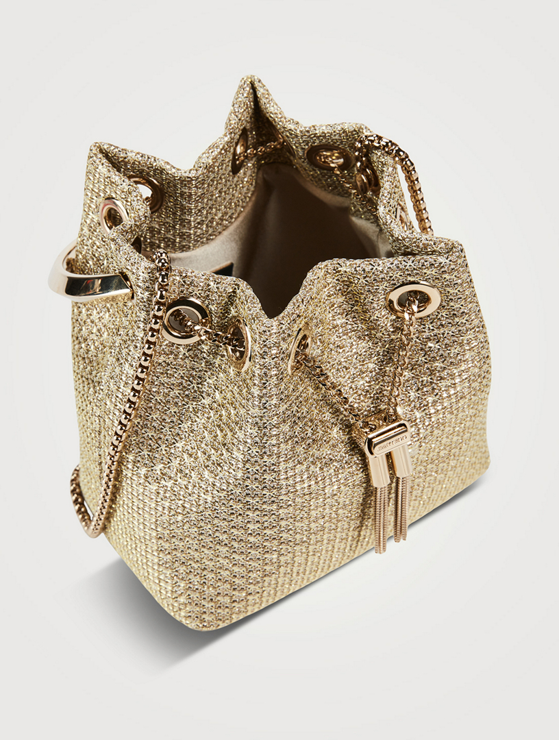 JIMMY CHOO Bon Bon メッシュ スパンコール バッグ Bon Bon | Silver Satin Crystal Mesh Bag with Crystal Handle