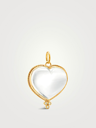18K Gold Rock Crystal Heart Pendant With Diamonds