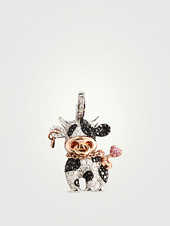Medium Niu Bo Bo 18K White Gold Ox Pendant With Diamonds, Black Diamonds, And Pink Sapphires