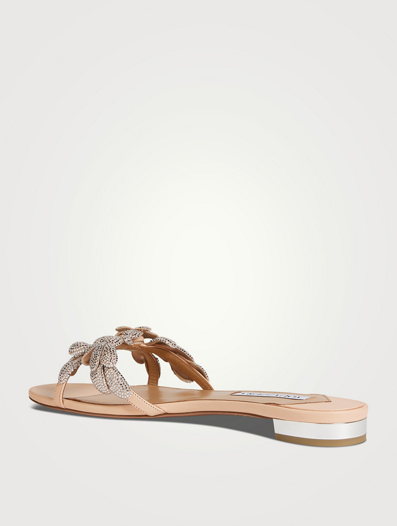 AQUAZZURA Galactic Crystal Flower Leather Slide Sandals