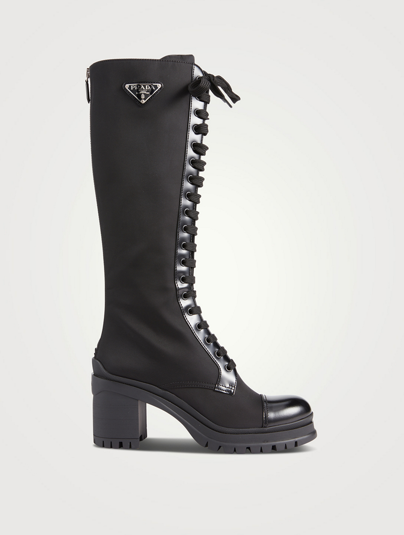 Leather And Nylon Knee High Heeled Combat Boots