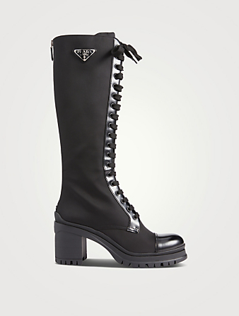 PRADA Leather And Nylon Knee-High Heeled Combat Boots  Black