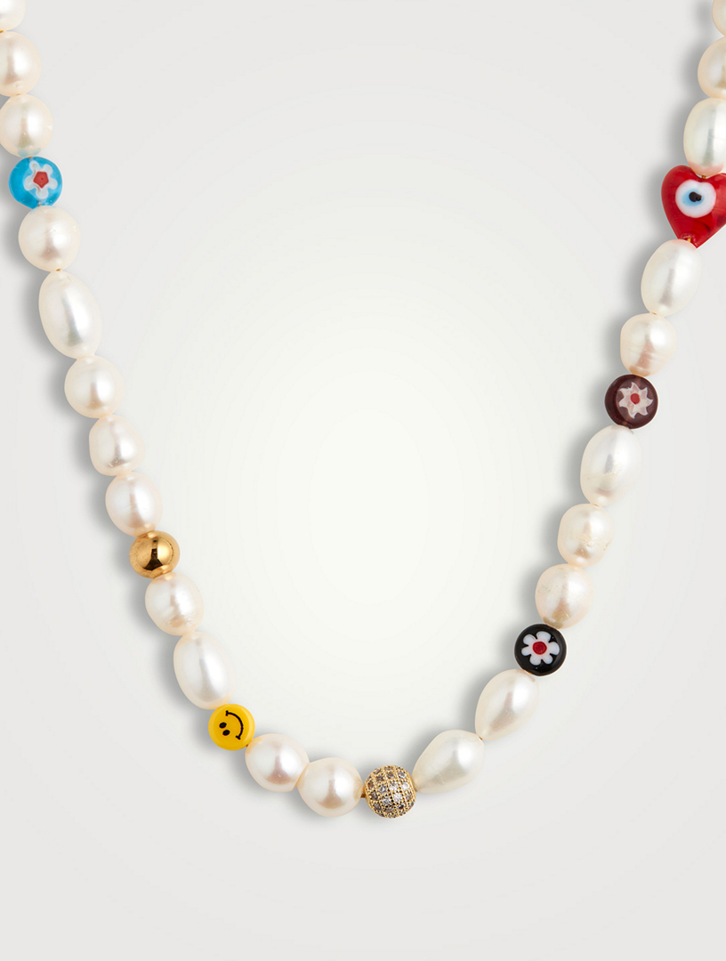 Smiley Face Beaded Pearl Choker Necklace