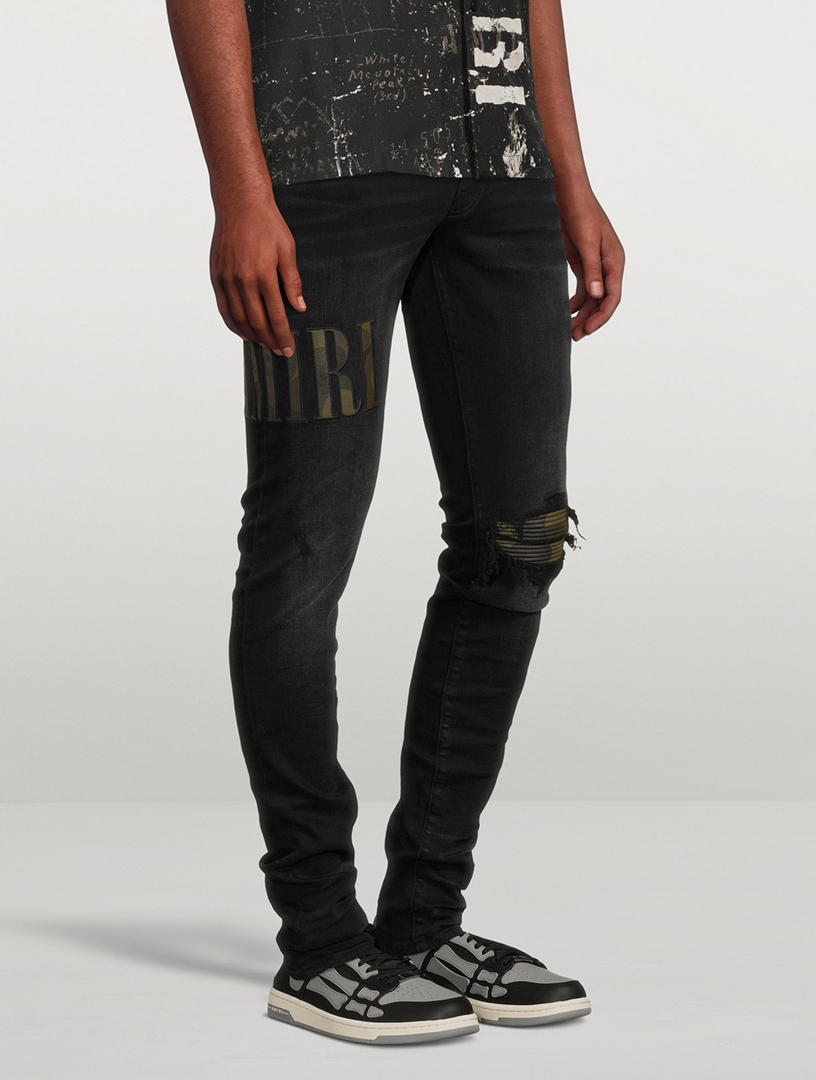 Jeans AMIRI Core Camo Applique – Skinny Noir – Taille 33 – Denim Avec Appliqué Camouflage – Neuf Avec étiquettes