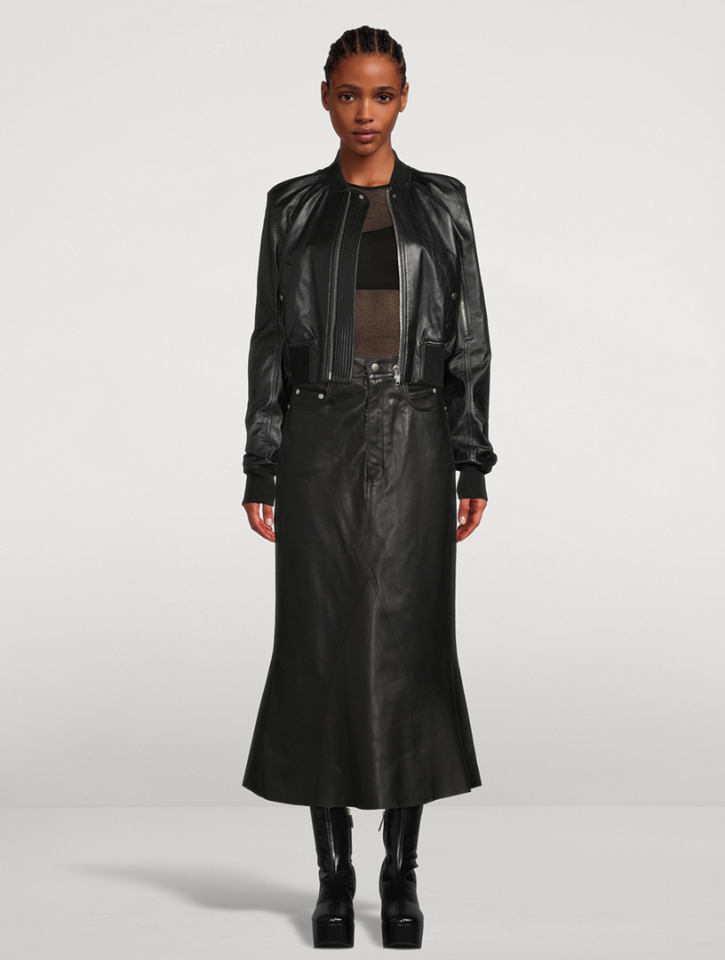 Godet Leather Midi Skirt